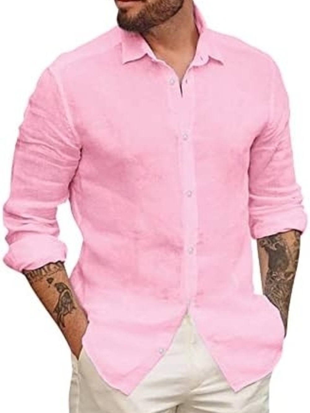 Runcati Men's Casual Pink Button Up Long Sleeve Shirt Size M